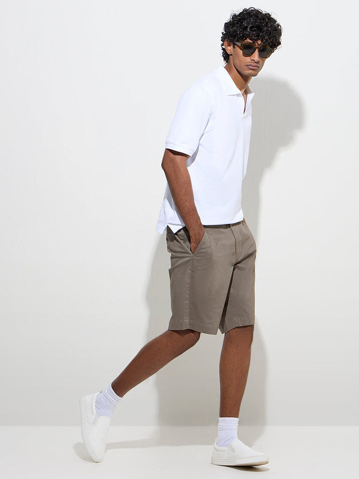 WES Casuals Taupe Relaxed-Fit Mid-Rise Cotton-Blend Shorts