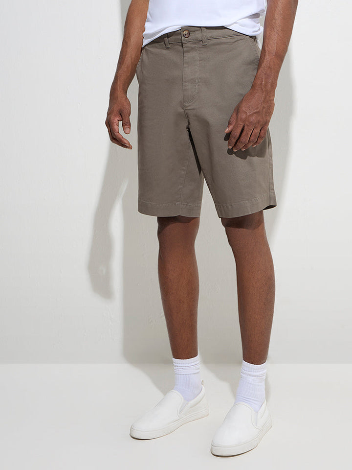 WES Casuals Taupe Relaxed-Fit Mid-Rise Cotton-Blend Shorts