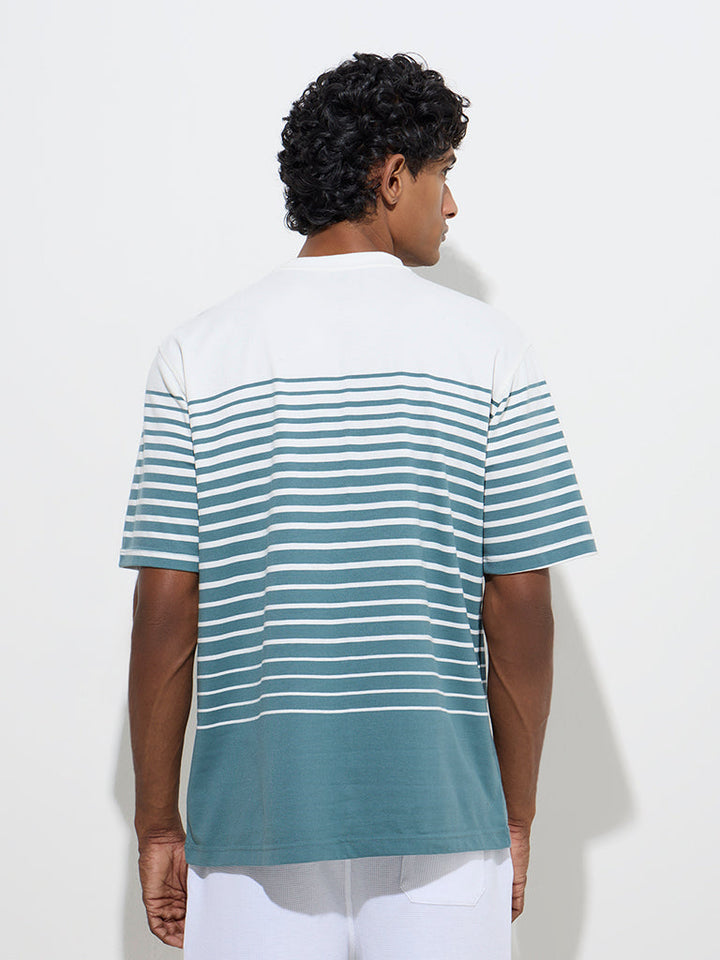 WES Lounge Teal Striped Relaxed-Fit Cotton-Blend T-Shirt