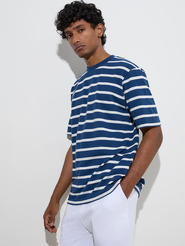WES Lounge Blue Striped Relaxed-Fit Cotton T-Shirt