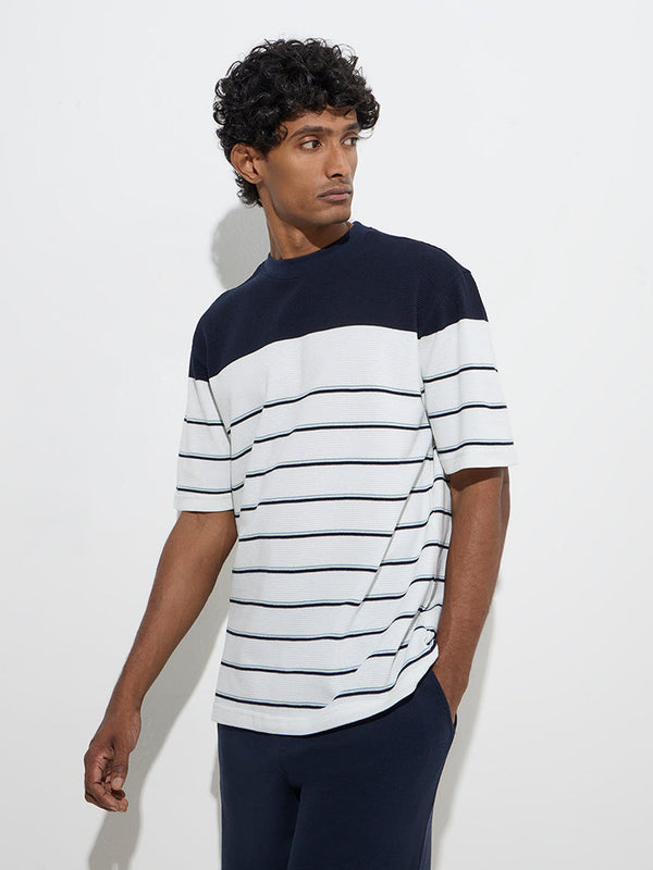 WES Lounge White Striped Relaxed-Fit Cotton-Blend T-Shirt