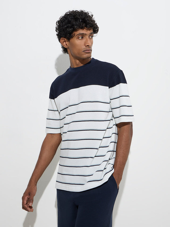 WES Lounge White Striped Relaxed-Fit Cotton-Blend T-Shirt