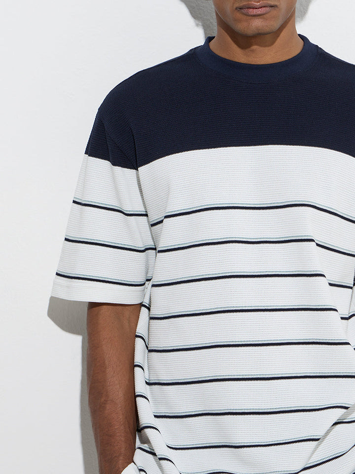 WES Lounge White Striped Relaxed-Fit Cotton-Blend T-Shirt