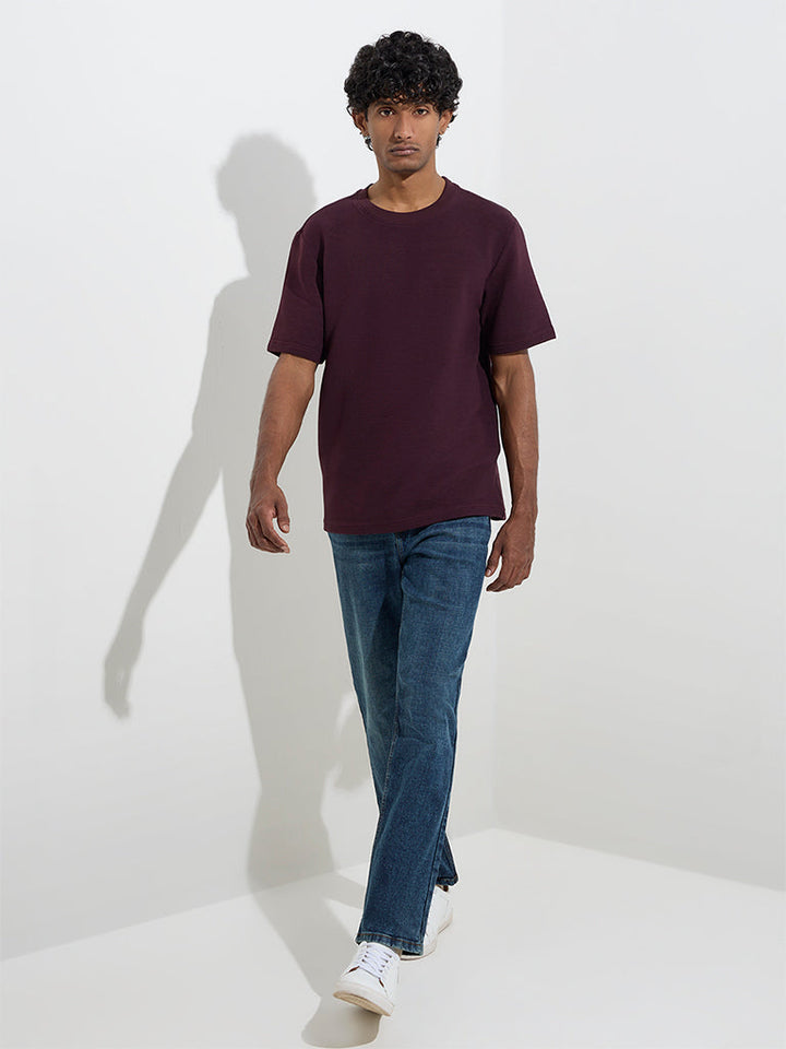 WES Casuals Wine Textured Relaxed-Fit Cotton-Blend T-Shirt