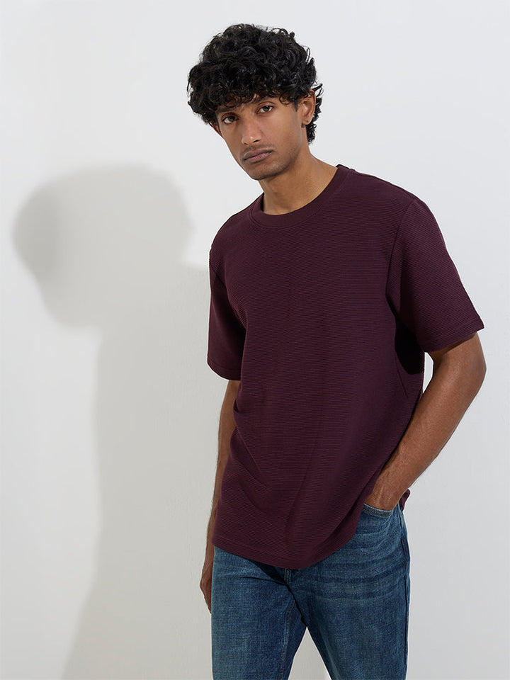 WES Casuals Wine Textured Relaxed-Fit Cotton-Blend T-Shirt