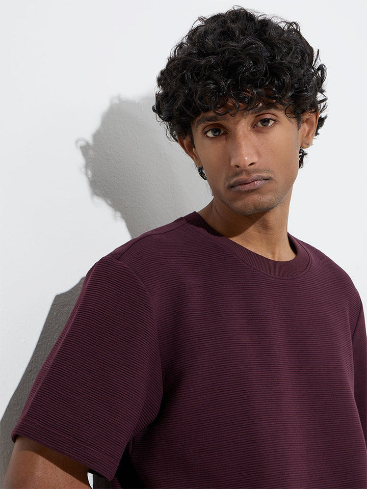 WES Casuals Wine Textured Relaxed-Fit Cotton-Blend T-Shirt