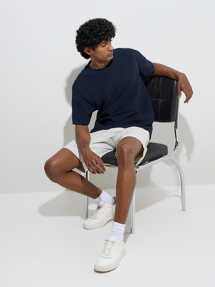 WES Casuals Navy Textured Relaxed-Fit Cotton-Blend T-Shirt