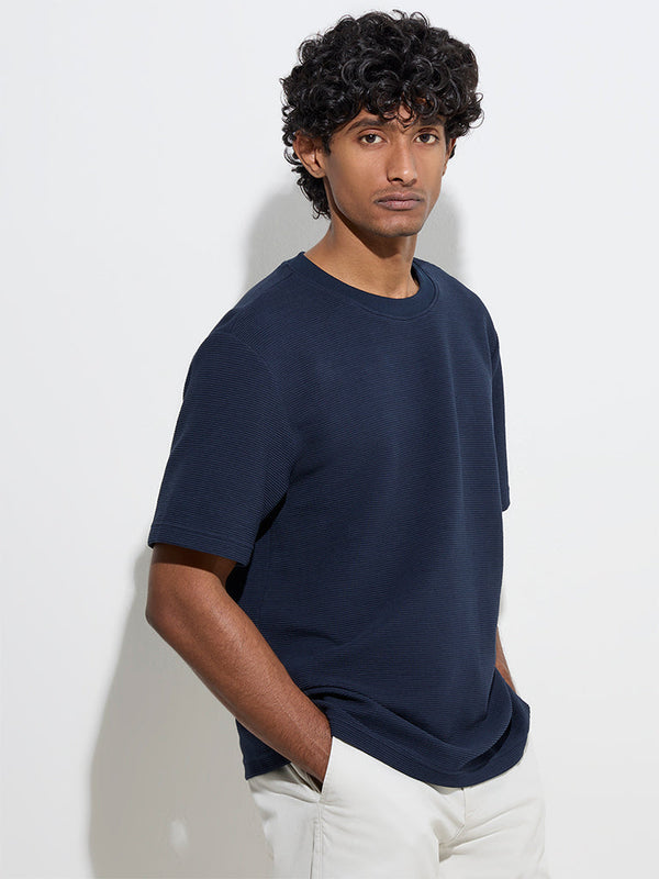 WES Casuals Navy Textured Relaxed-Fit Cotton-Blend T-Shirt