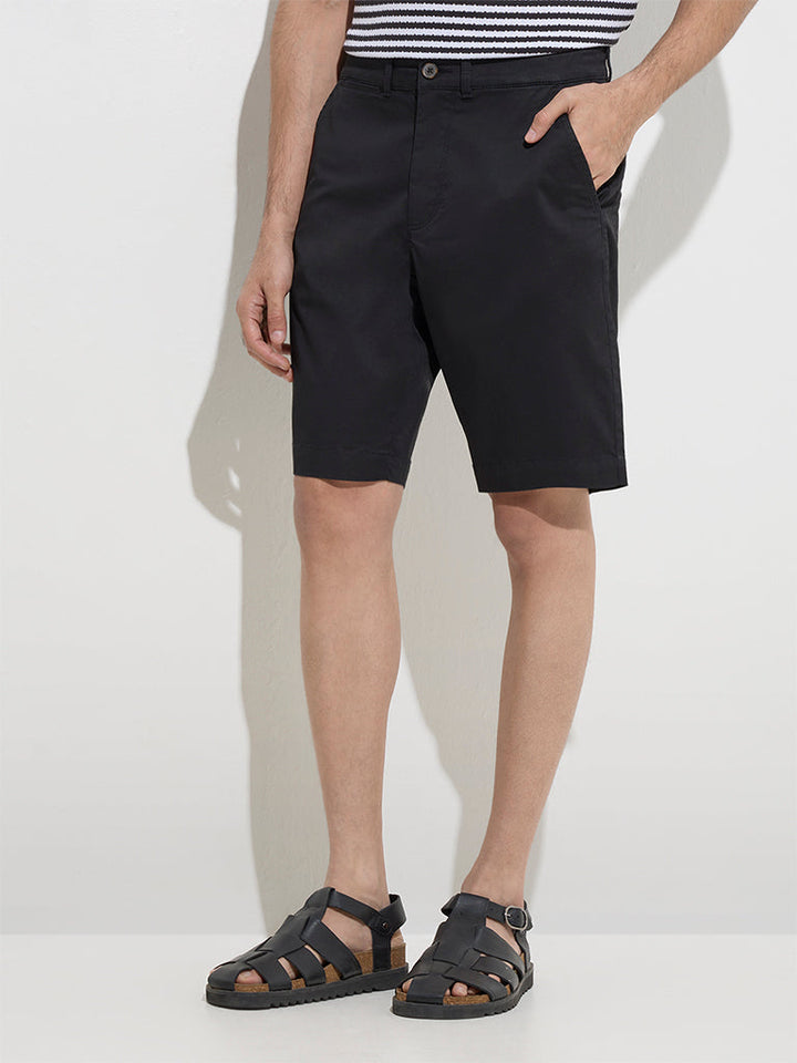 WES Casuals Black Relaxed-Fit Mid-Rise Cotton Shorts
