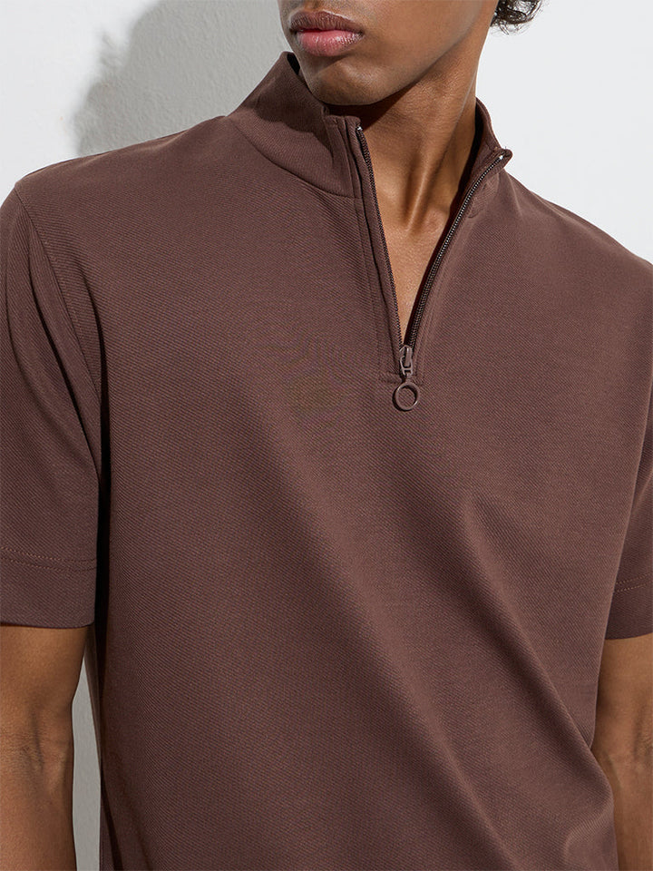 Studiofit Brown Solid Quarter Zip T-Shirt