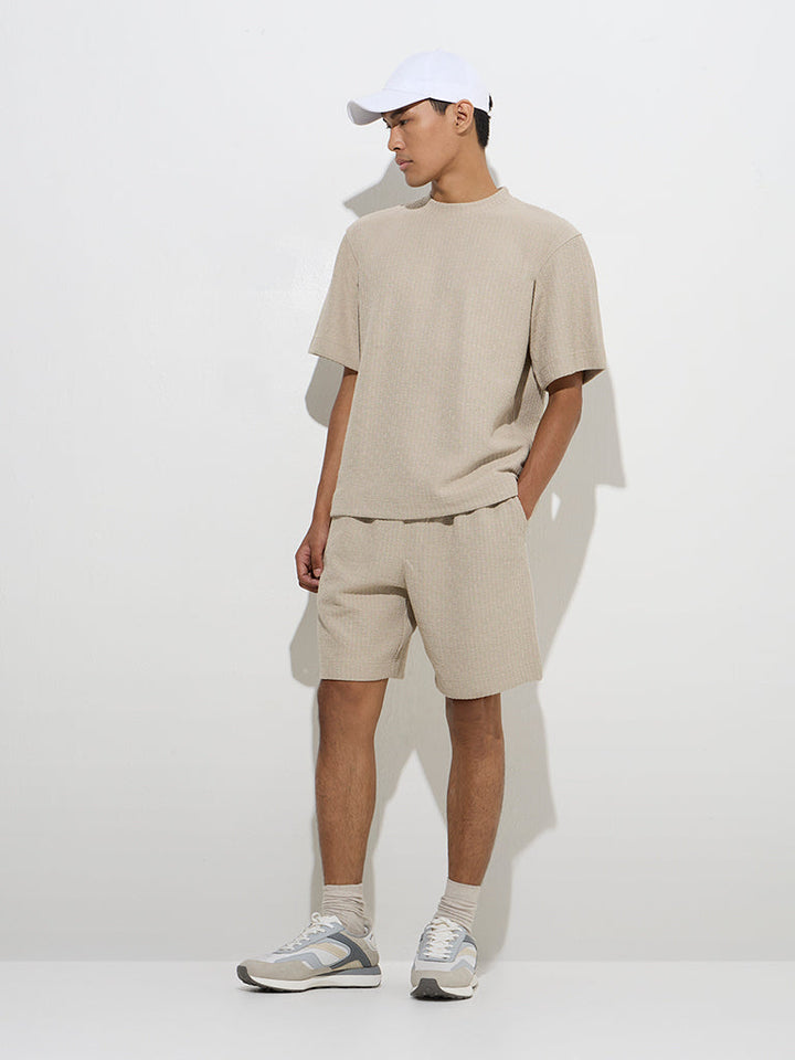 Studiofit Beige Self-Striped Relaxed-Fit Mid-rise Shorts
