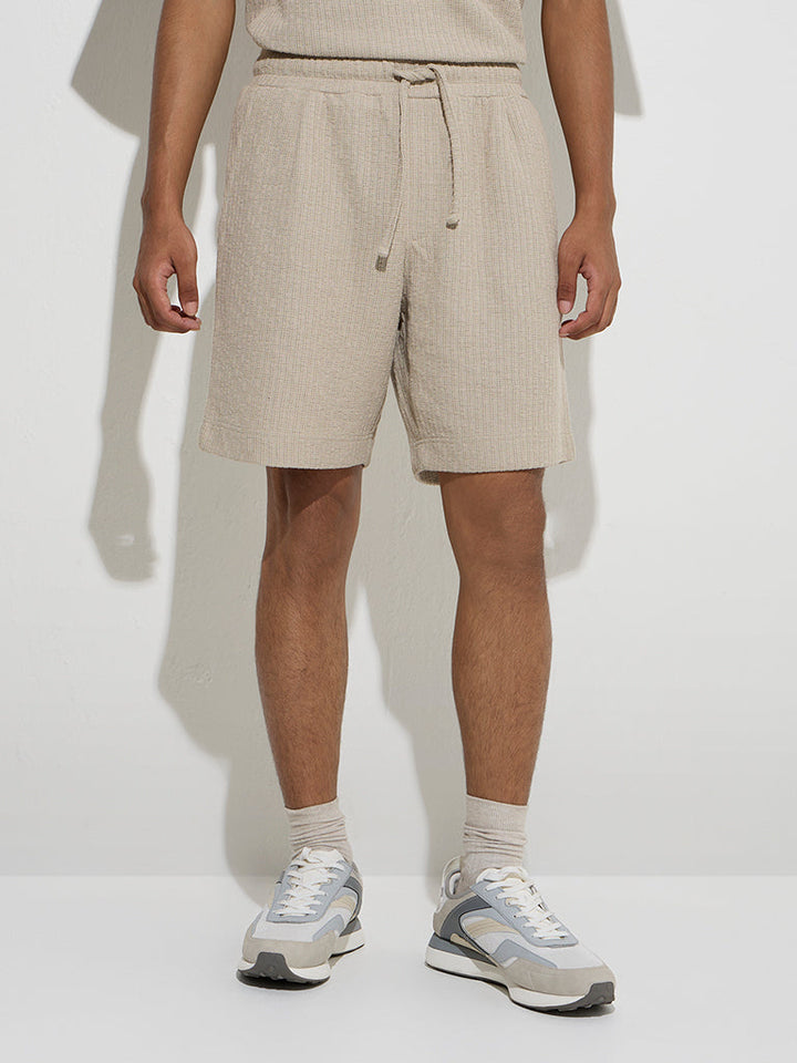 Studiofit Beige Self-Striped Relaxed-Fit Mid-rise Shorts