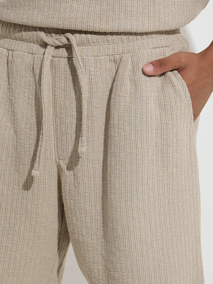 Studiofit Beige Self-Striped Relaxed-Fit Mid-rise Shorts