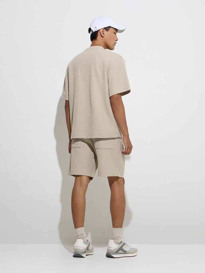 Studiofit Beige Self-Striped Relaxed-Fit Mid-rise Shorts