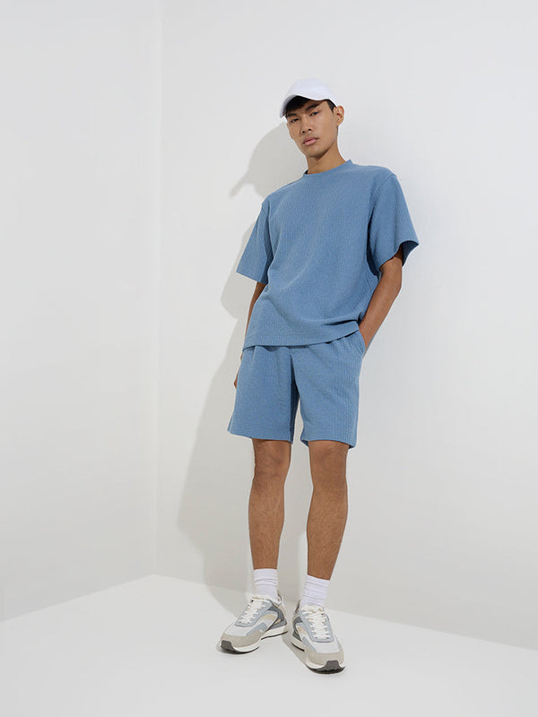 Studiofit Blue Self-Striped Relaxed-Fit Mid-Rise Shorts