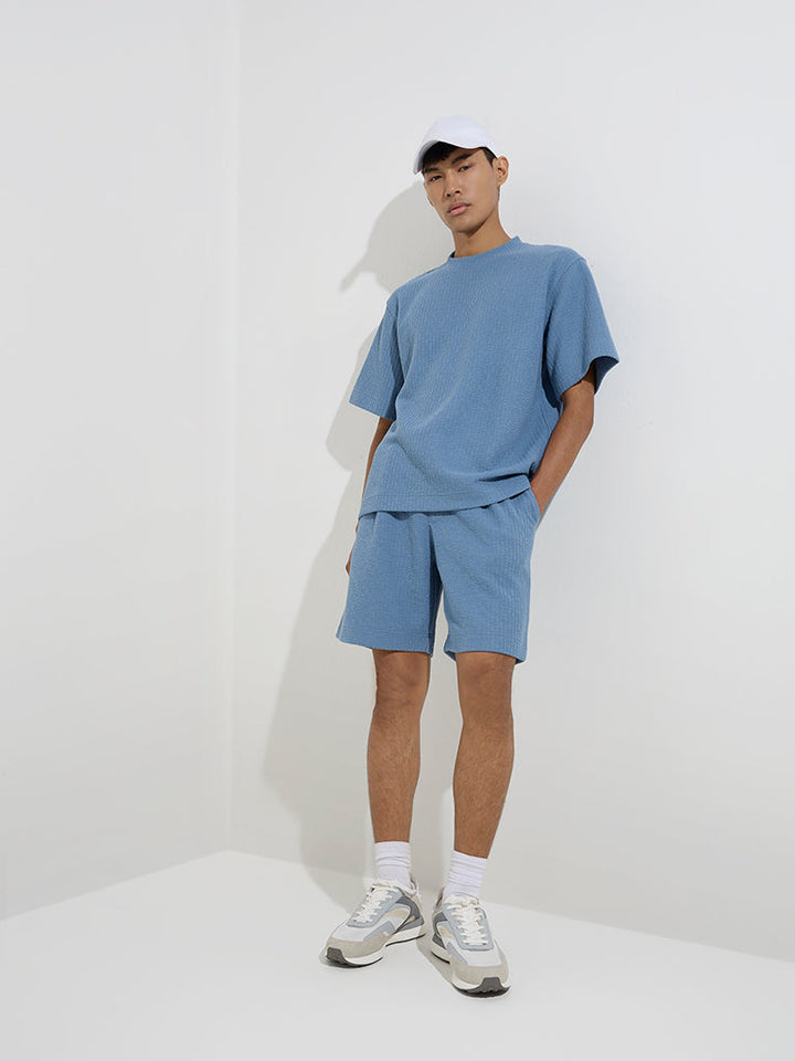 Studiofit Blue Self-Striped Relaxed-Fit Mid-Rise Shorts