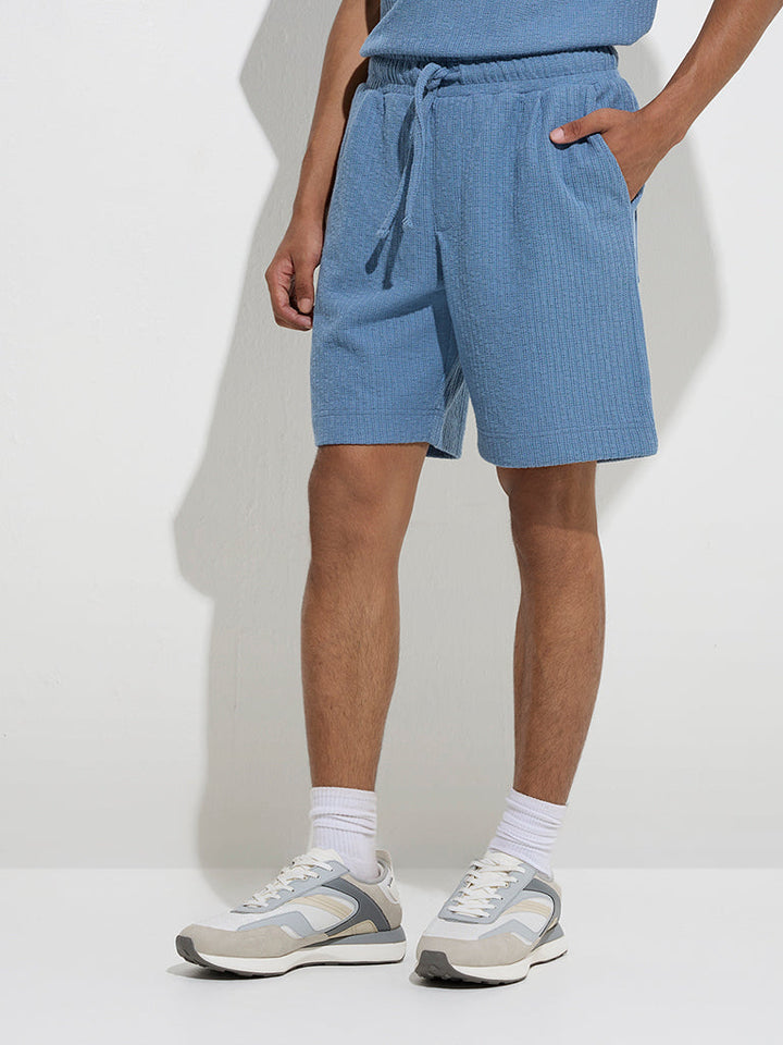 Studiofit Blue Self-Striped Relaxed-Fit Mid-Rise Shorts
