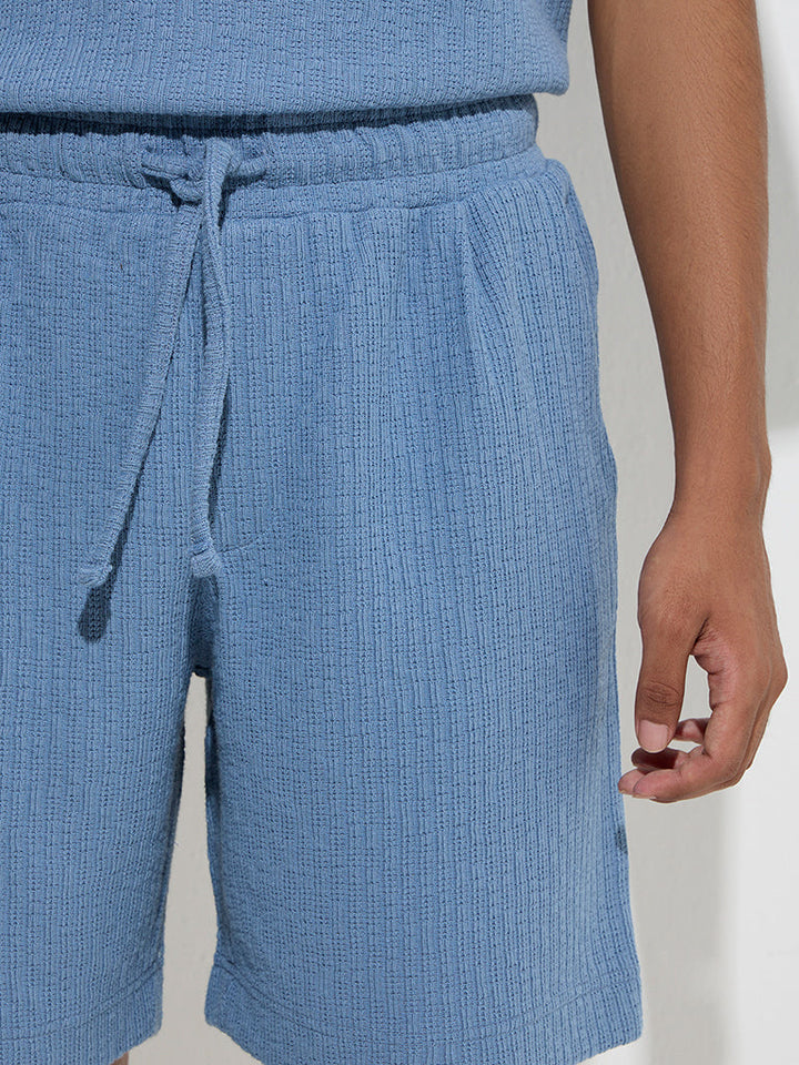 Studiofit Blue Self-Striped Relaxed-Fit Mid-Rise Shorts