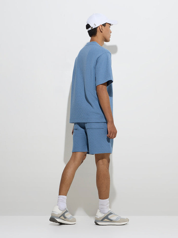 Studiofit Blue Self-Striped Relaxed-Fit Mid-Rise Shorts