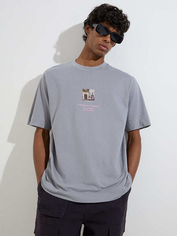 Nuon Grey Stamp Printed Relaxed-Fit Cotton T-Shirt