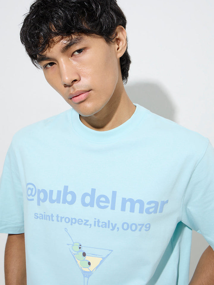 Nuon Light Blue Text Design Relaxed-Fit Cotton T-Shirt