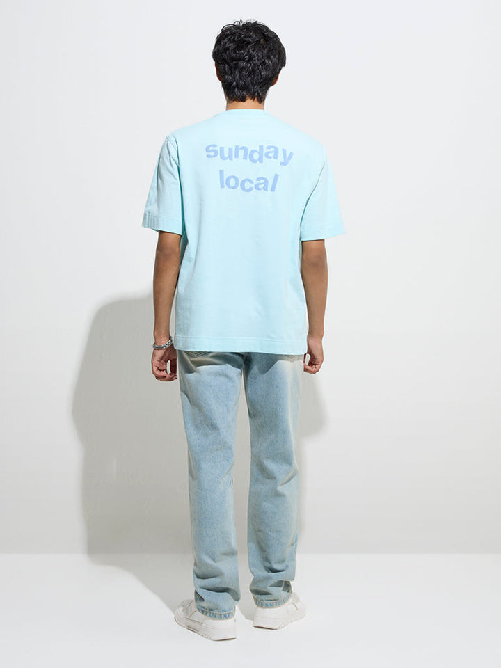 Nuon Light Blue Text Design Relaxed-Fit Cotton T-Shirt