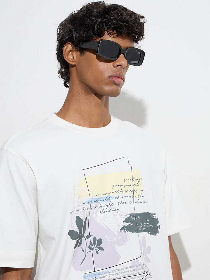 Nuon White Text Pattern Relaxed-Fit Cotton T-Shirt