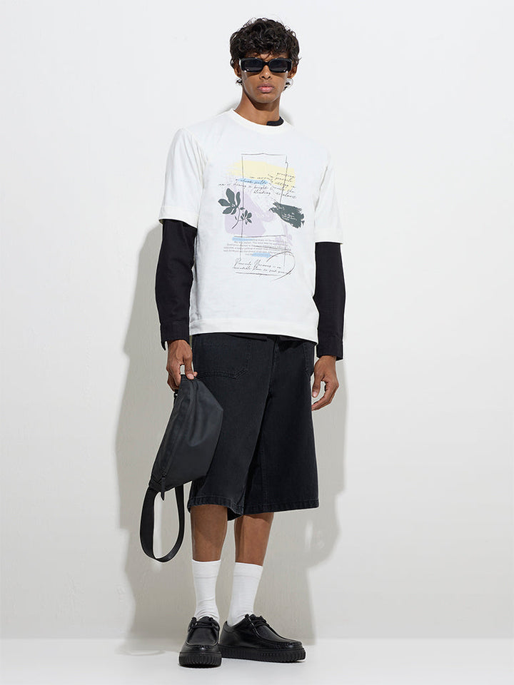 Nuon White Text Pattern Relaxed-Fit Cotton T-Shirt