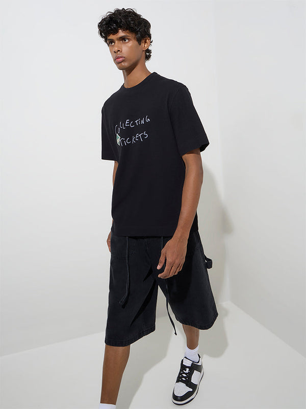 Nuon Black Text Design Relaxed-Fit Cotton-Blend T-Shirt