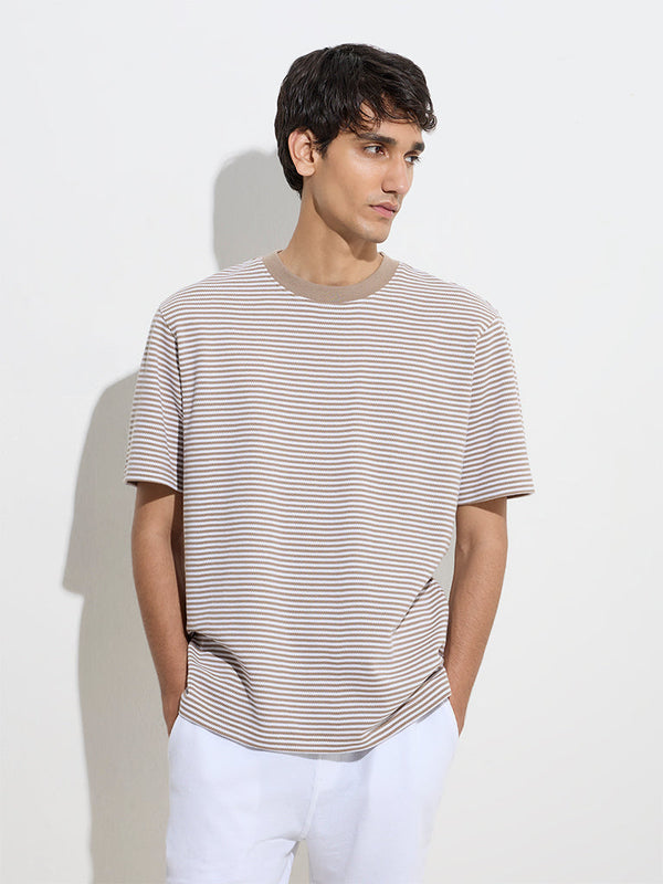 WES Lounge Beige Striped Relaxed-Fit Cotton-Blend T-Shirt