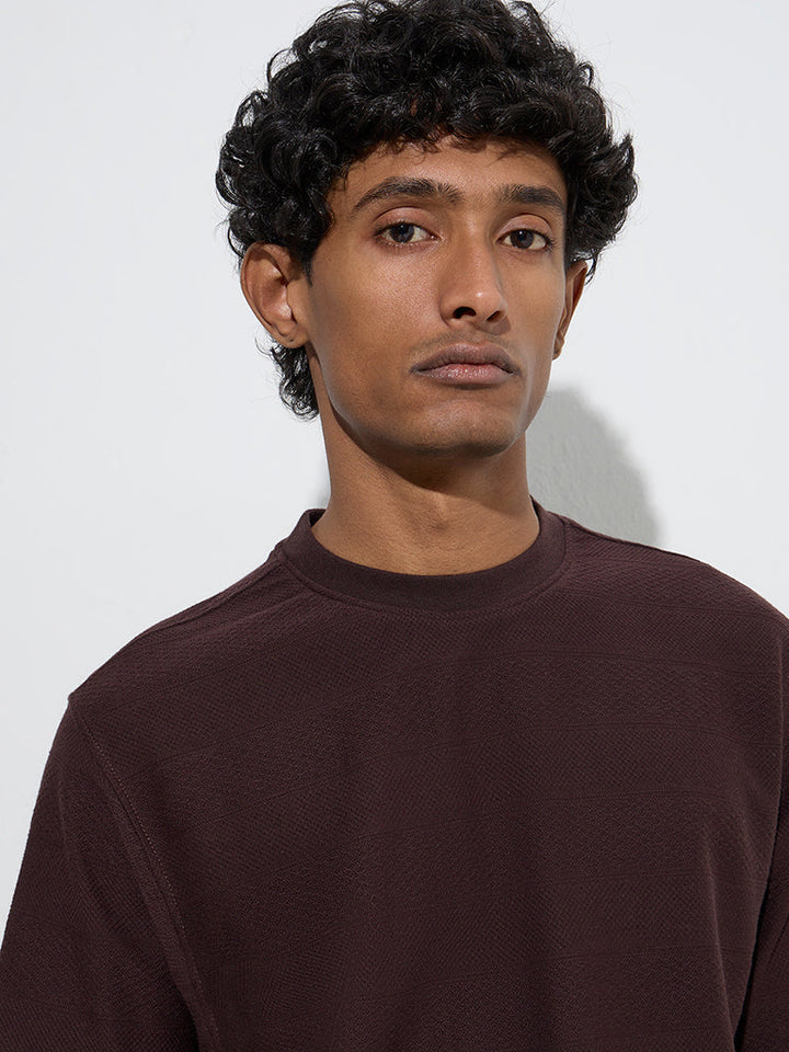 WES Lounge Brown Self Relaxed-Fit Cotton-Blend T-Shirt