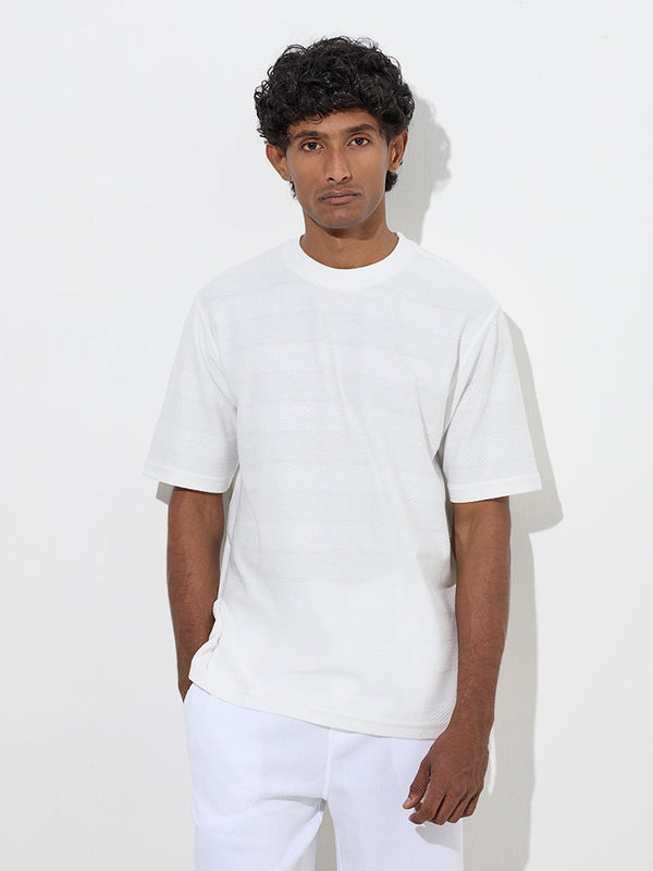 WES Lounge White Self Relaxed-Fit Cotton-Blend T-Shirt