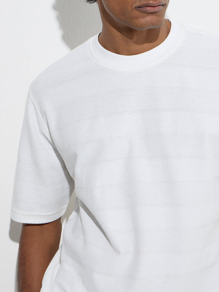 WES Lounge White Self Relaxed-Fit Cotton-Blend T-Shirt