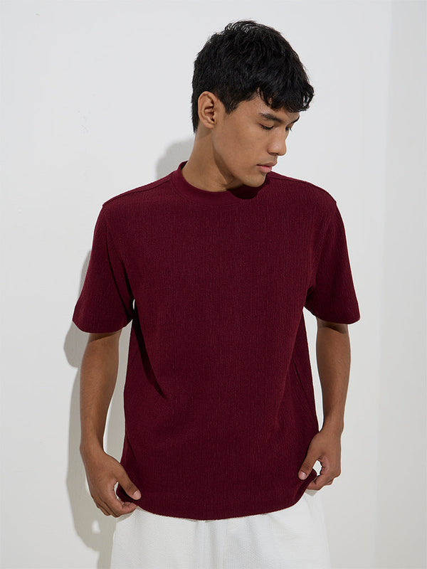 Studiofit Maroon Crinkle Relaxed-Fit Cotton-Blend T-Shirt