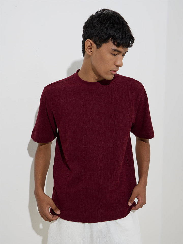 Studiofit Maroon Crinkle Relaxed-Fit Cotton-Blend T-Shirt