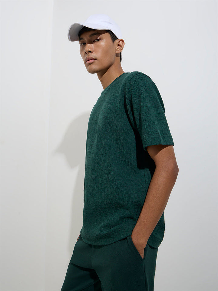 Studiofit Green Crinkled Relaxed-Fit Cotton-Blend T-Shirt