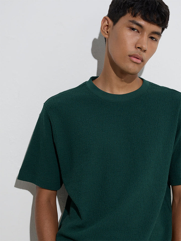 Studiofit Green Crinkled Relaxed-Fit Cotton-Blend T-Shirt