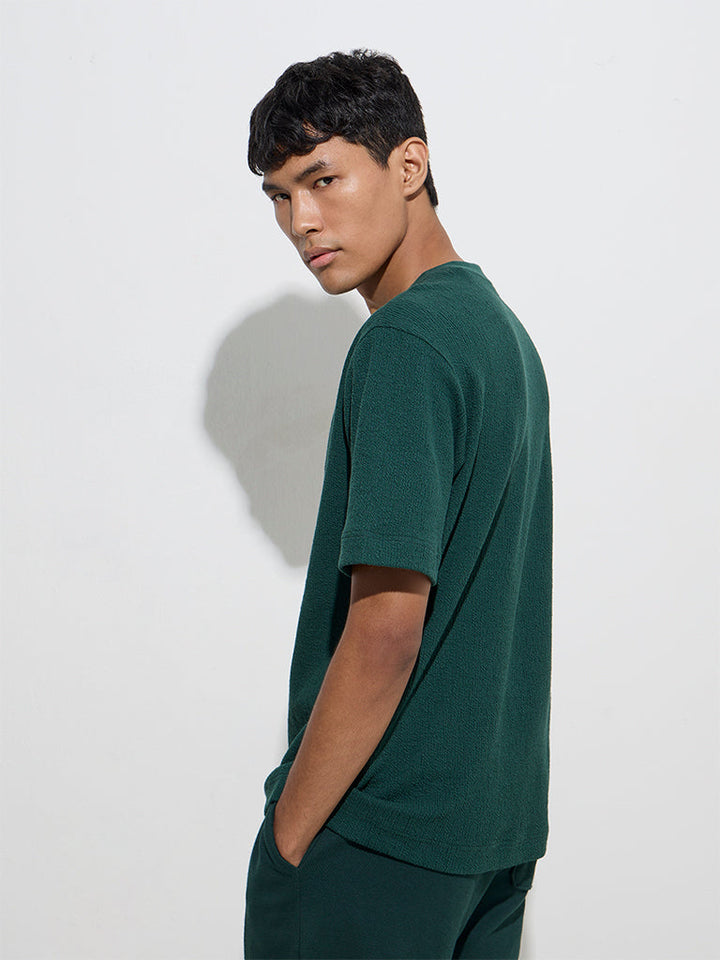 Studiofit Green Crinkled Relaxed-Fit Cotton-Blend T-Shirt