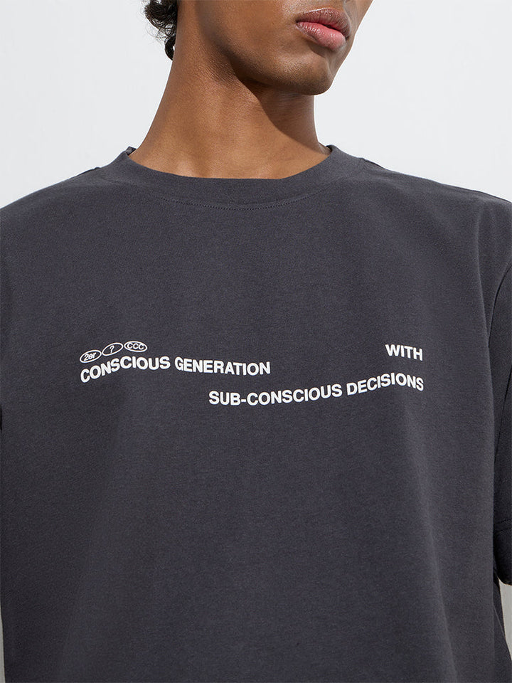 Studiofit Charcoal Text Printed Relaxed-Fit Cotton T-Shirt