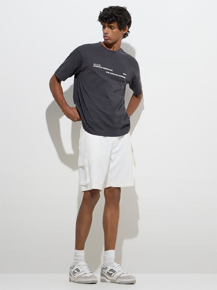 Studiofit Charcoal Text Printed Relaxed-Fit Cotton T-Shirt