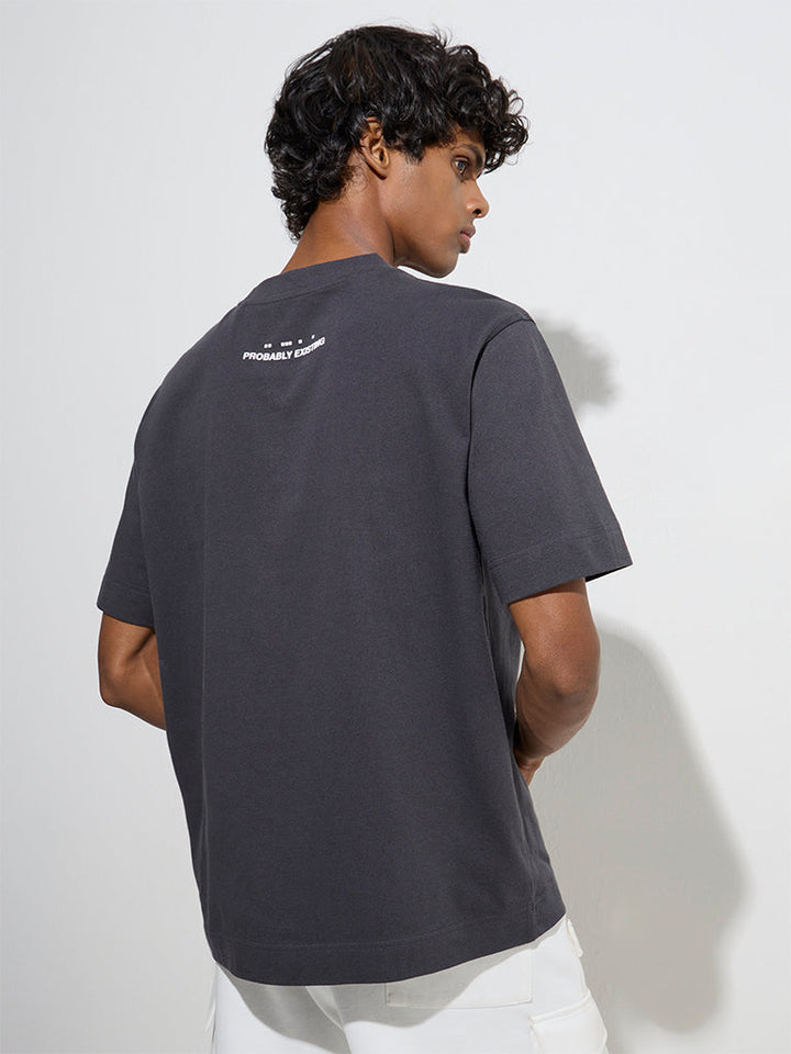 Studiofit Charcoal Text Printed Relaxed-Fit Cotton T-Shirt