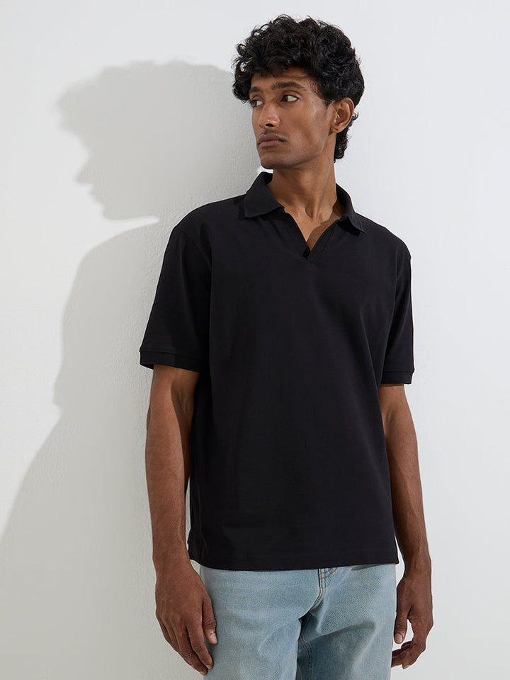 WES Casuals Black Relaxed-Fit Cotton-Blend Polo T-Shirt