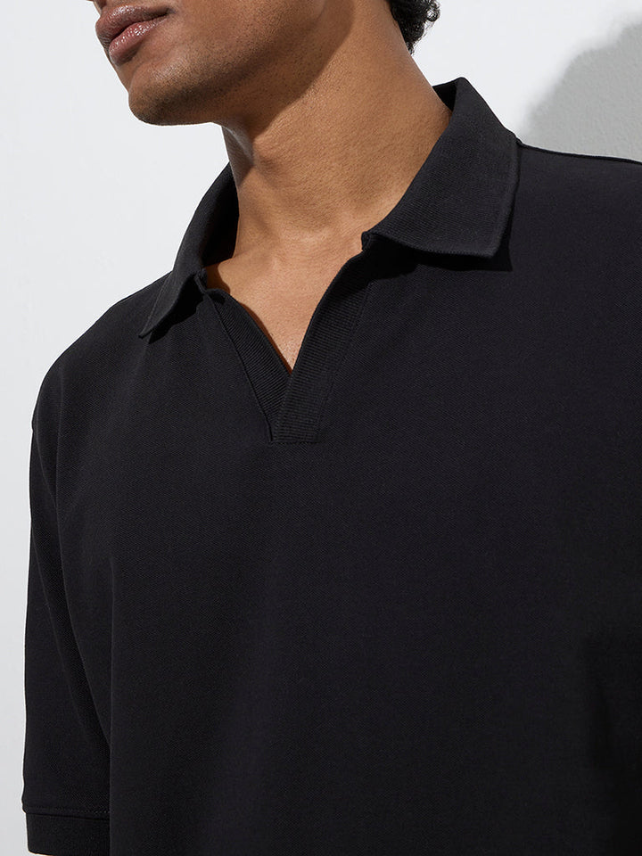 WES Casuals Black Relaxed-Fit Cotton-Blend Polo T-Shirt