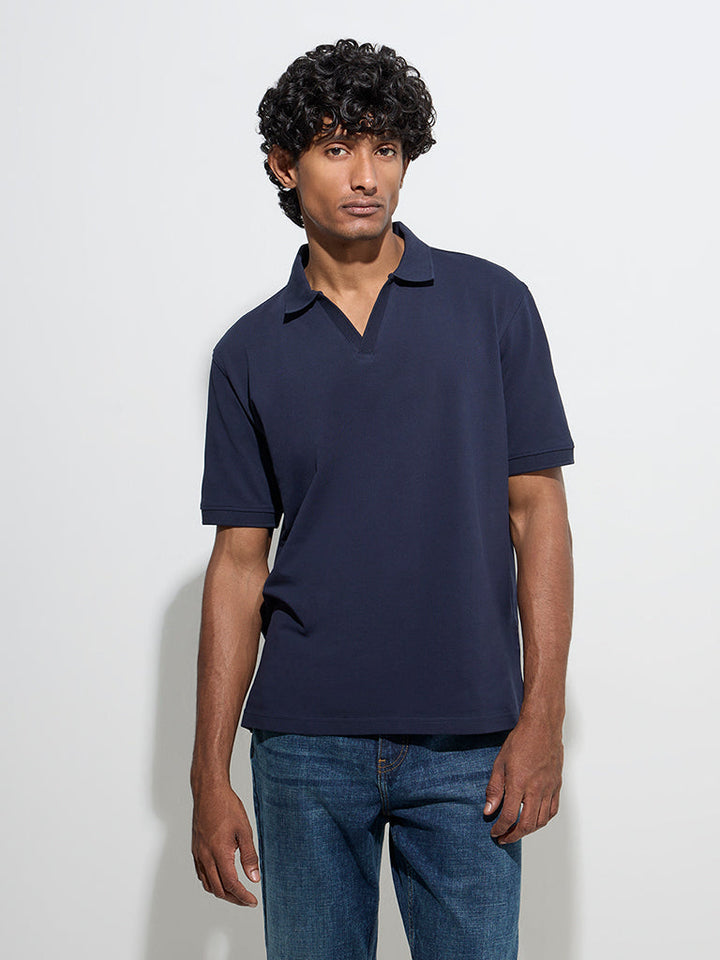 WES Casuals Navy Relaxed-Fit Cotton-Blend Polo T-Shirt