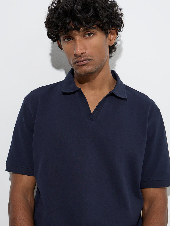 WES Casuals Navy Relaxed-Fit Cotton-Blend Polo T-Shirt