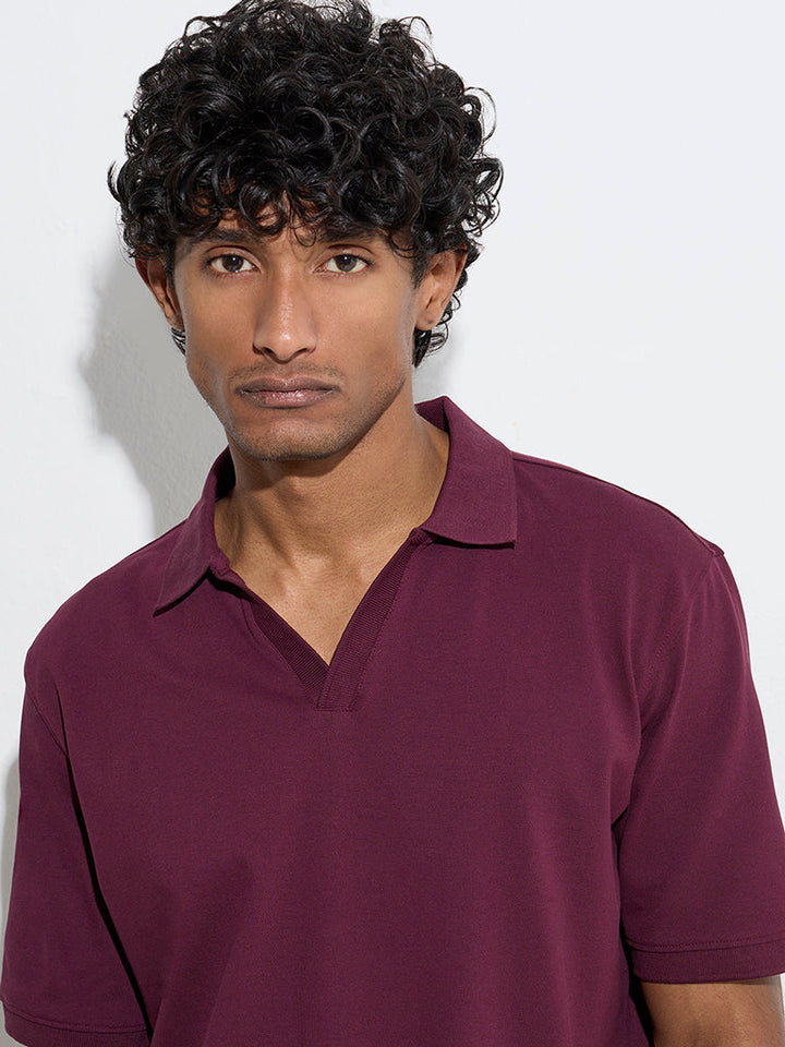 WES Casuals Wine Relaxed-Fit Cotton-Blend Polo T-Shirt