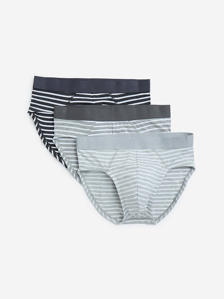 WES Lounge Grey Striped Cotton Briefs - Pack of 3