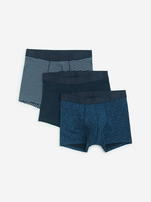 WES Lounge Navy Printed Cotton Trunks - Pack of 3
