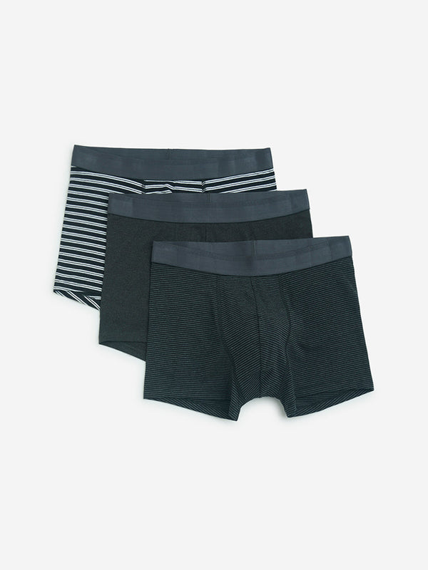 WES Lounge Black Striped Cotton Trunks- Pack of 3