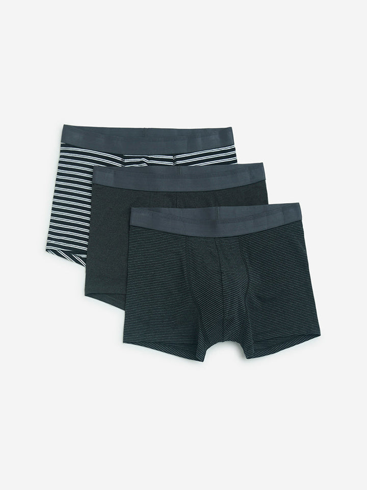 WES Lounge Black Striped Cotton Trunks- Pack of 3